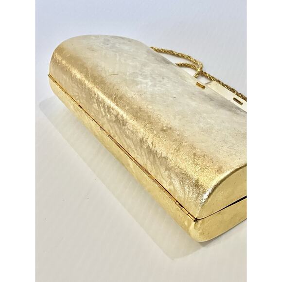 Vtg Gold Metallic Clutch Purse Hard Shell Chain Strap Velvet Lined Evening Bag - Picture 6 of 8
